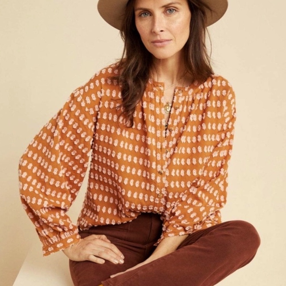 Anthropologie Rust Orange Printed Peasant Blouse